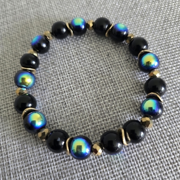 Handcrafted Glass Bead Gold Blue Stretch Bracelet - Picture 3 of 4